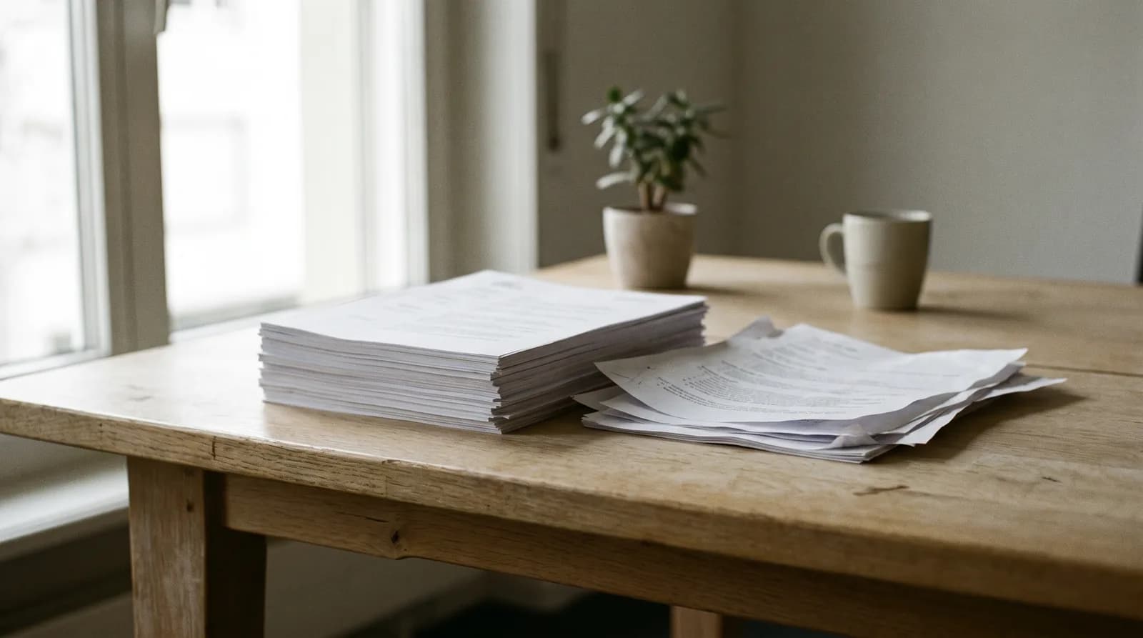 Pile de CV imprimés sur un bureau, certains écartés après tri