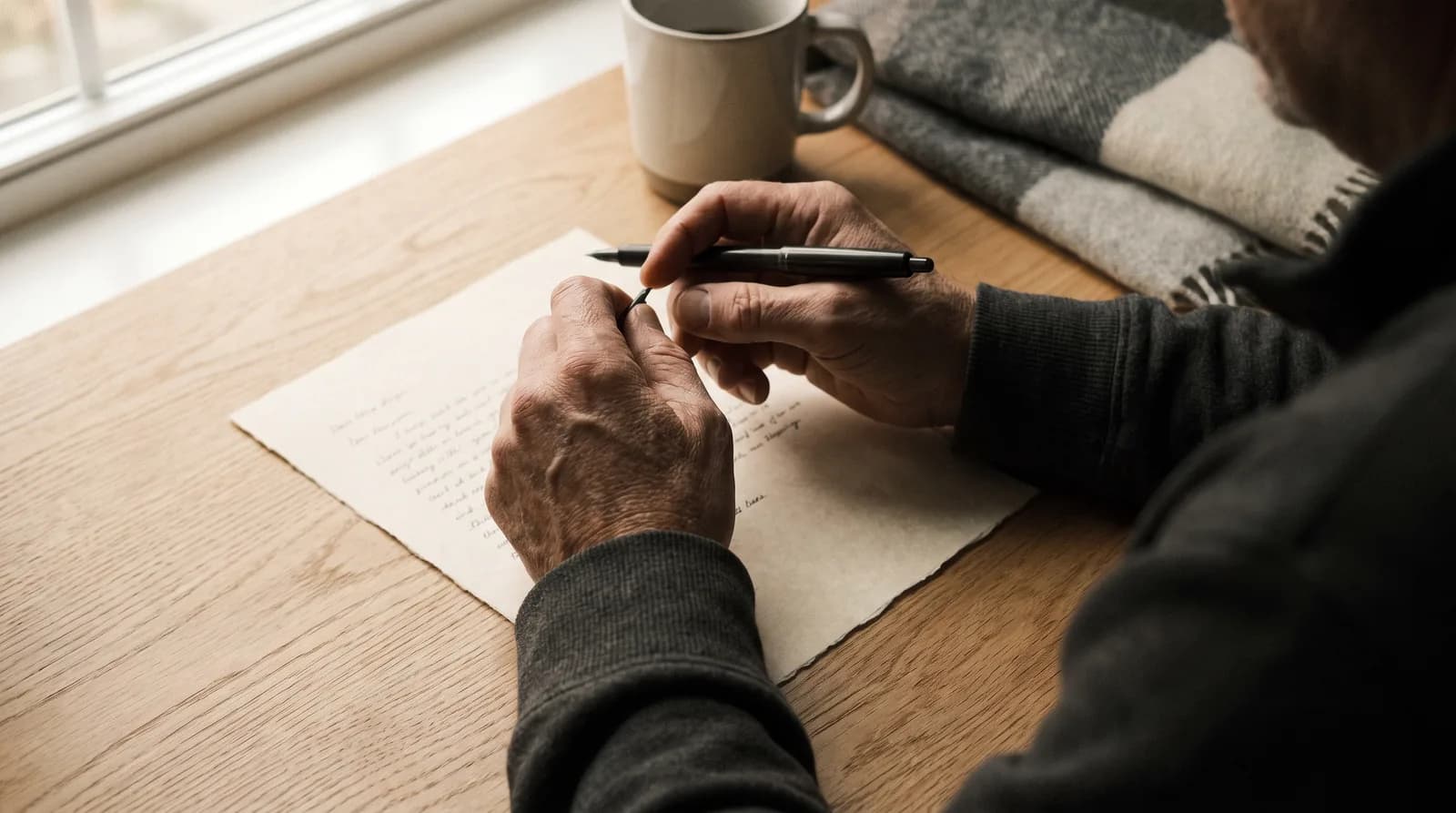 Mains relisant une lettre de motivation imprimée, stylo à la main