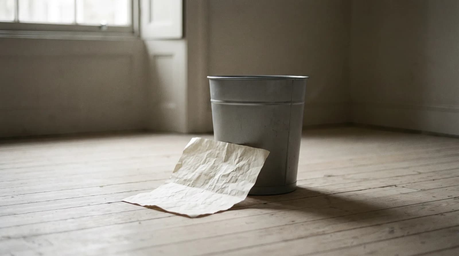 Feuille froissée près d'une corbeille, lumière rasante