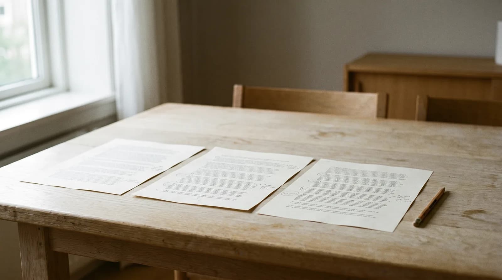 Trois versions d'un CV côte à côte, annotées au crayon