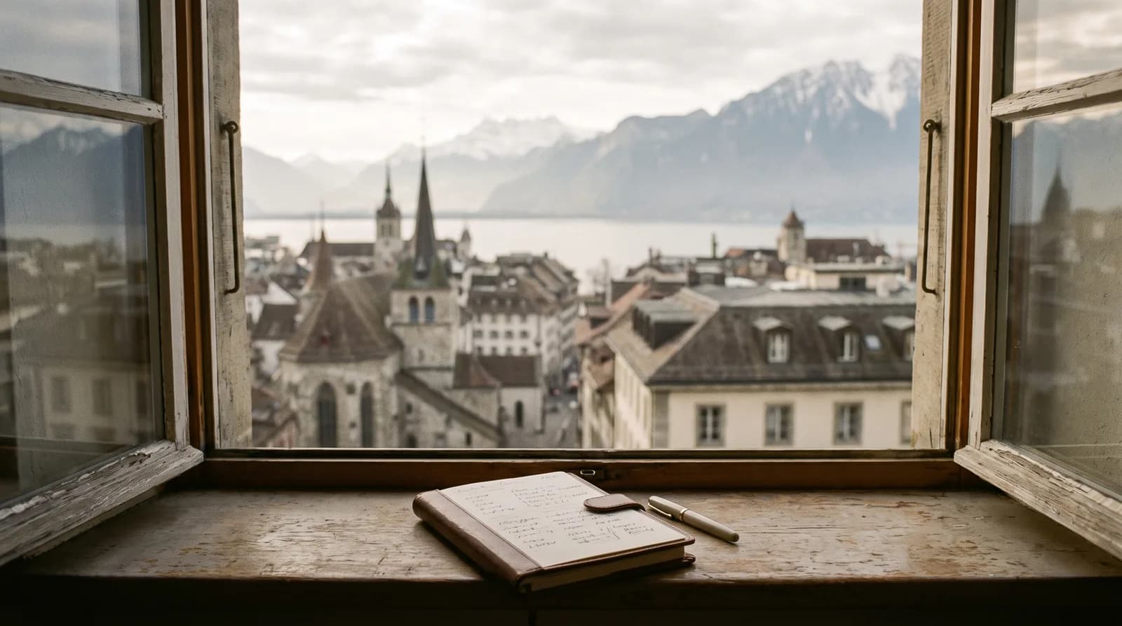View over a lakeside Swiss city from an office window