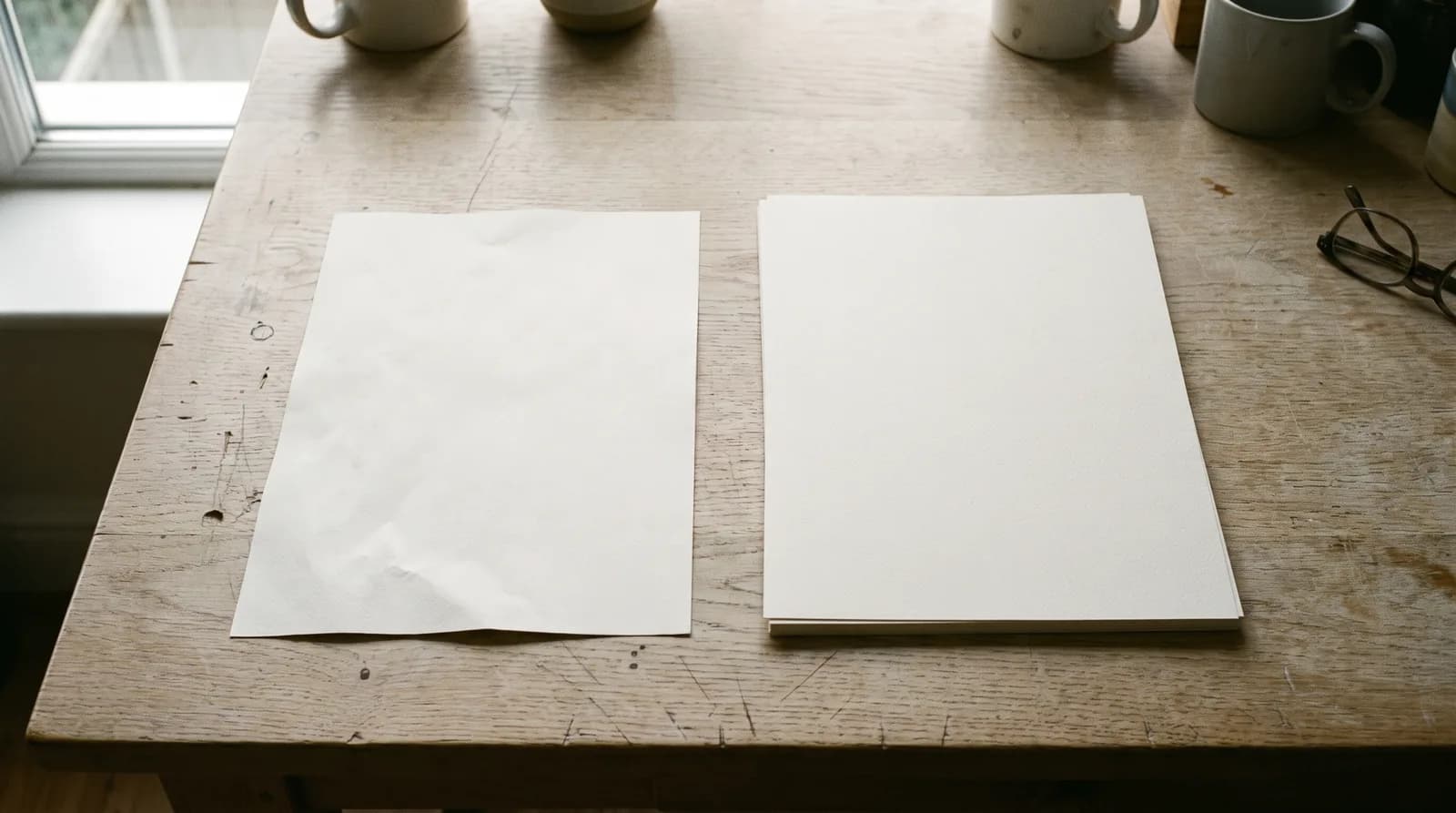 A single A4 sheet next to two stacked sheets