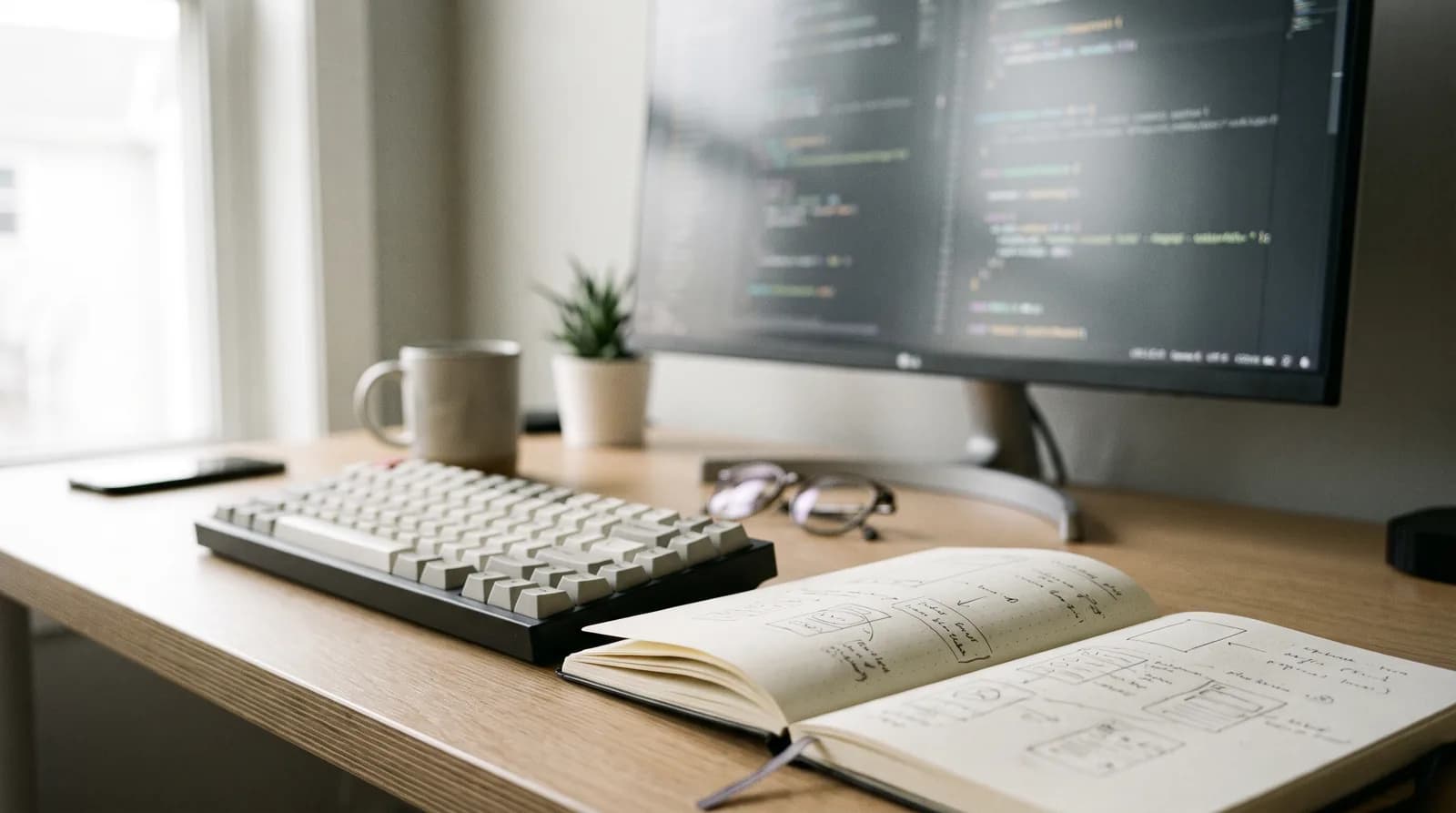 Poste de travail de développeur, code flou à l'écran, carnet ouvert