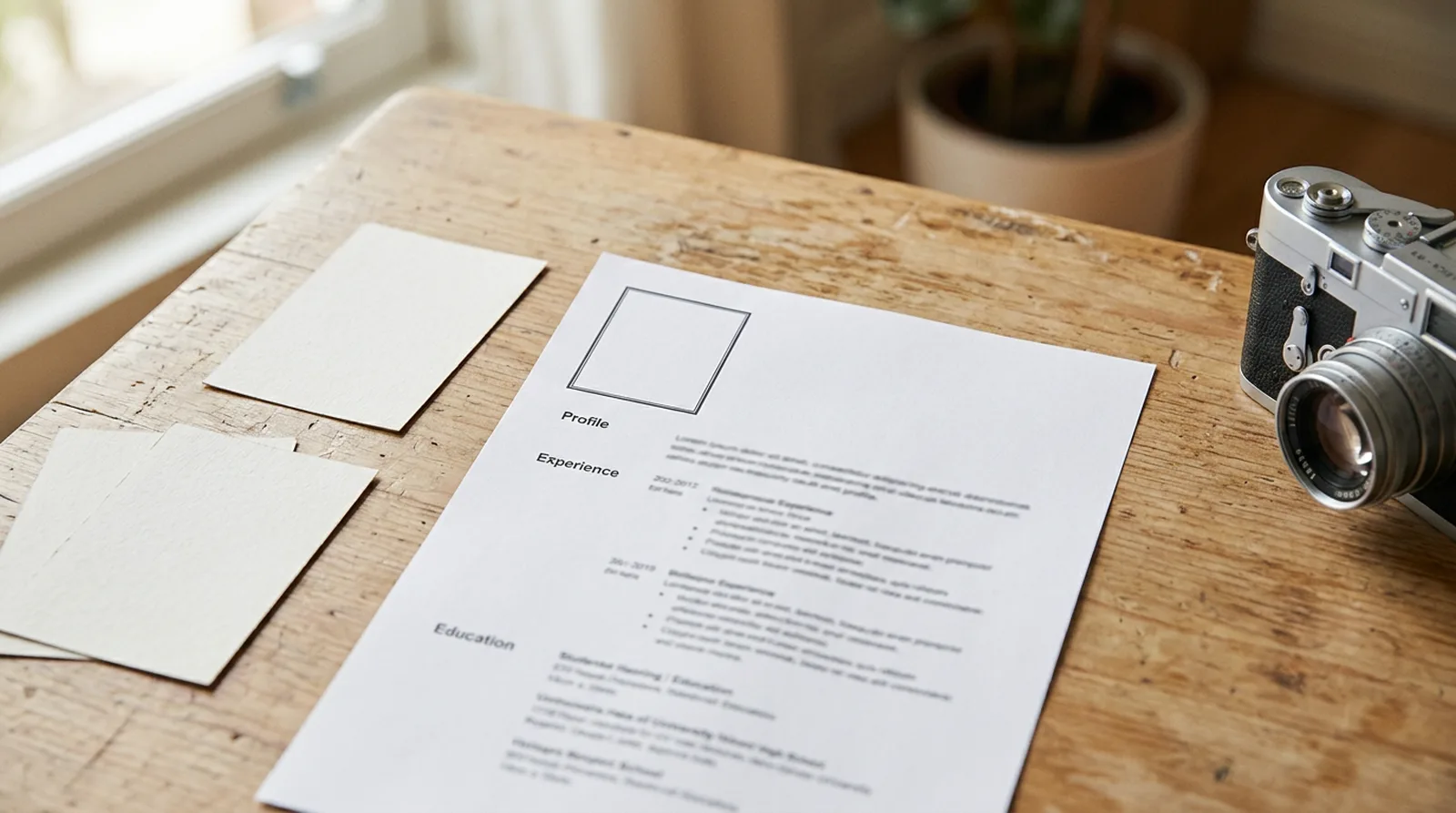 Printed CV on a wooden desk, empty photo placeholder, prints and a film camera