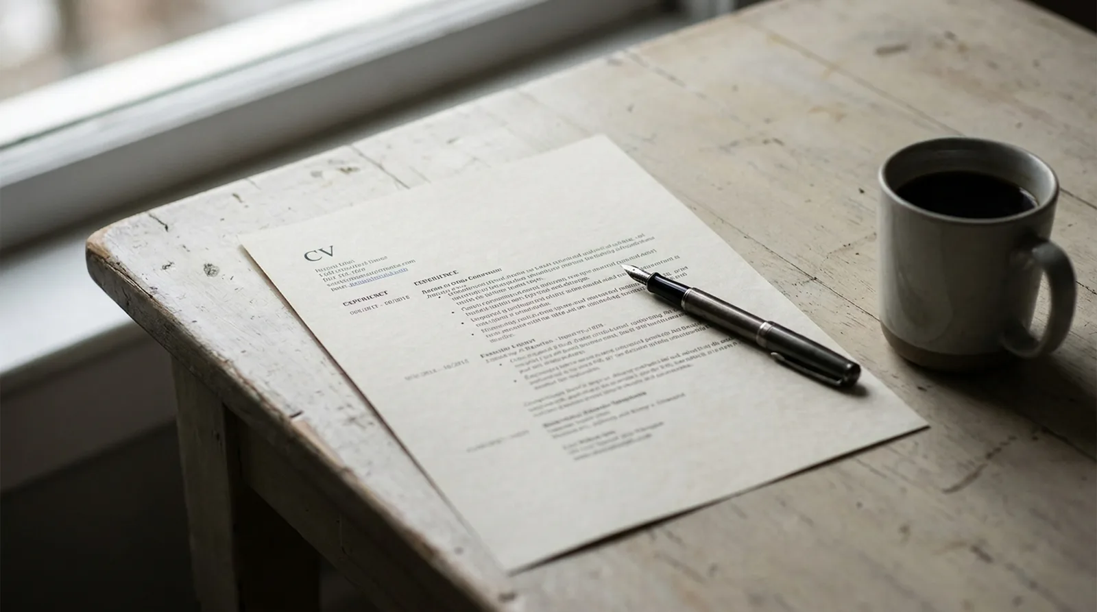 A printed CV lying on a pale wooden desk beside a fountain pen and a cup of coffee