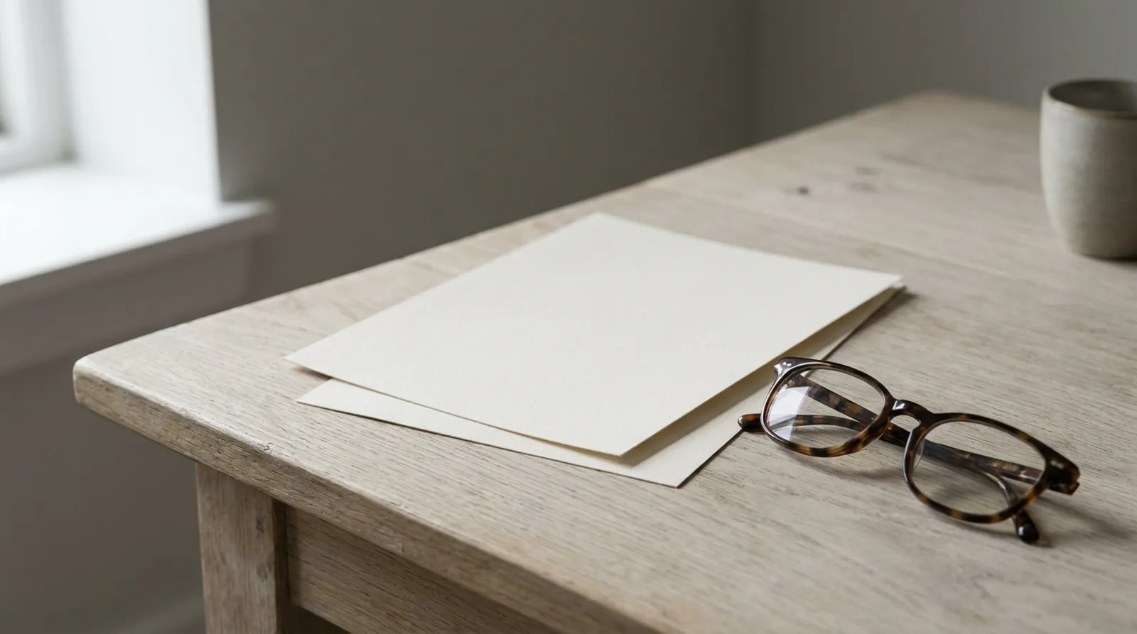 Deux feuilles superposées sur une table en chêne clair, l'une légèrement de travers, près de lunettes de lecture