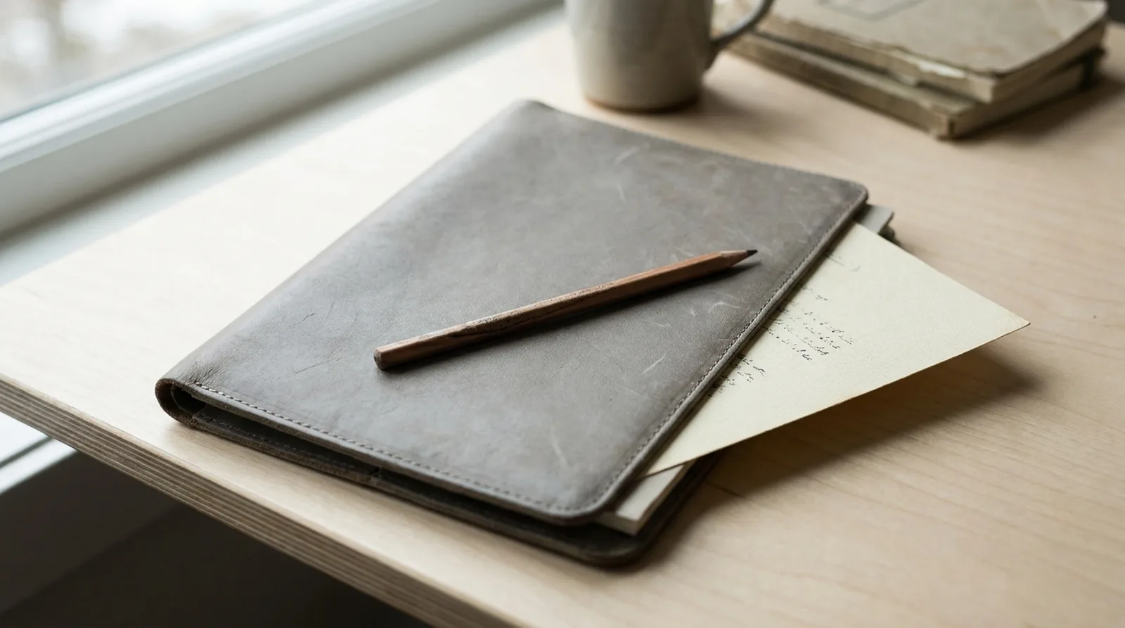 A closed leather folder on a desk with a single sheet peeking out and a pencil across it