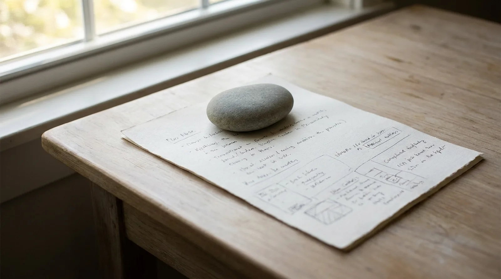 Document maintenu à plat par un petit presse-papier en pierre sur un bureau clair