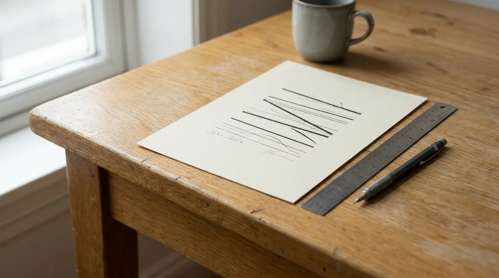 A desk corner with a printed page, a ruler and a mechanical pencil aligned neatly