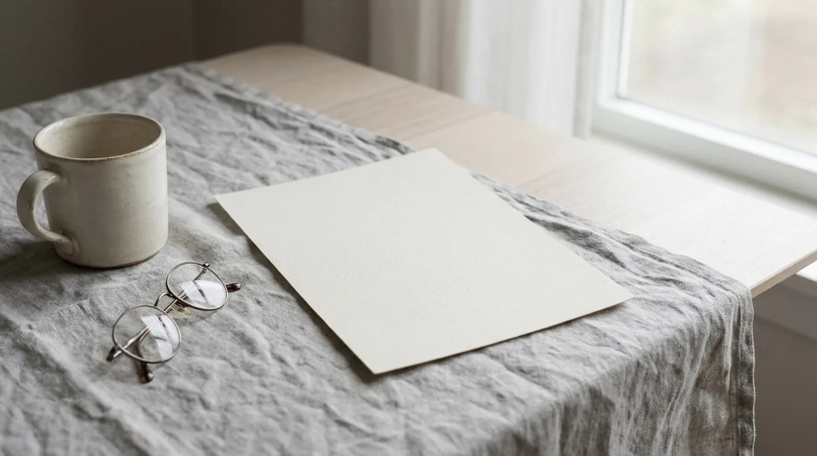 A single sheet of paper on a linen tablecloth beside a ceramic mug and a pair of glasses