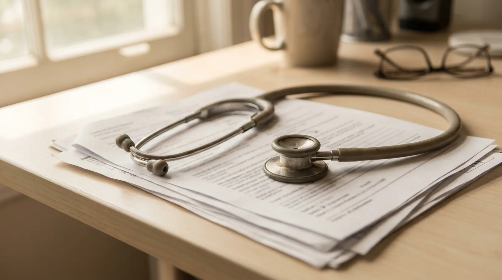 A nurse's stethoscope resting on a printed document on a pale desk