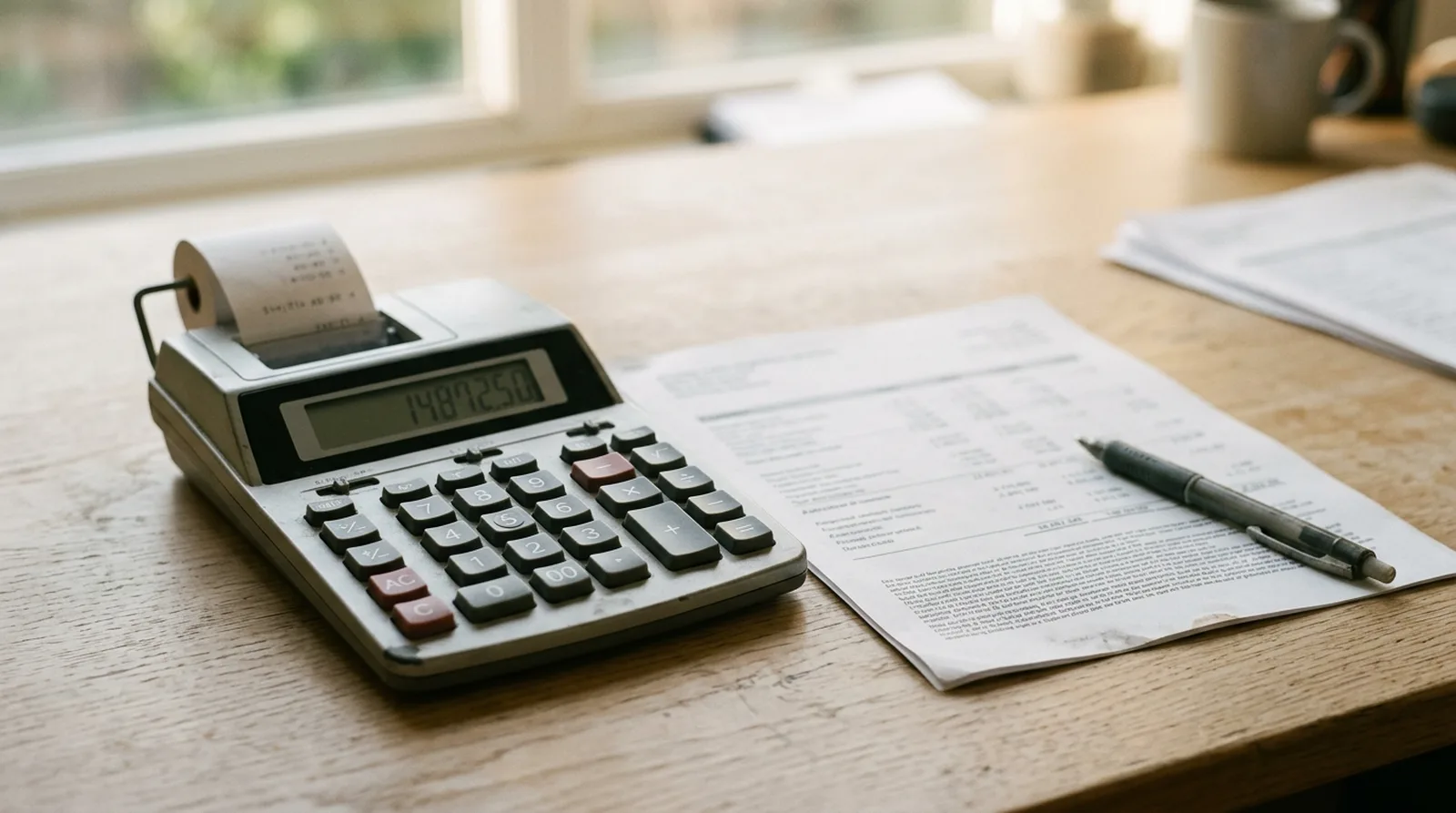An accountant's calculator beside a printed sheet and a pen on light wood