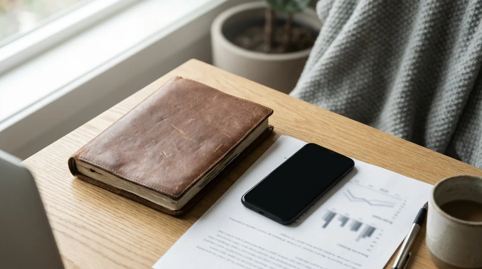 Carnet en cuir de commercial, téléphone et page imprimée sur un bureau