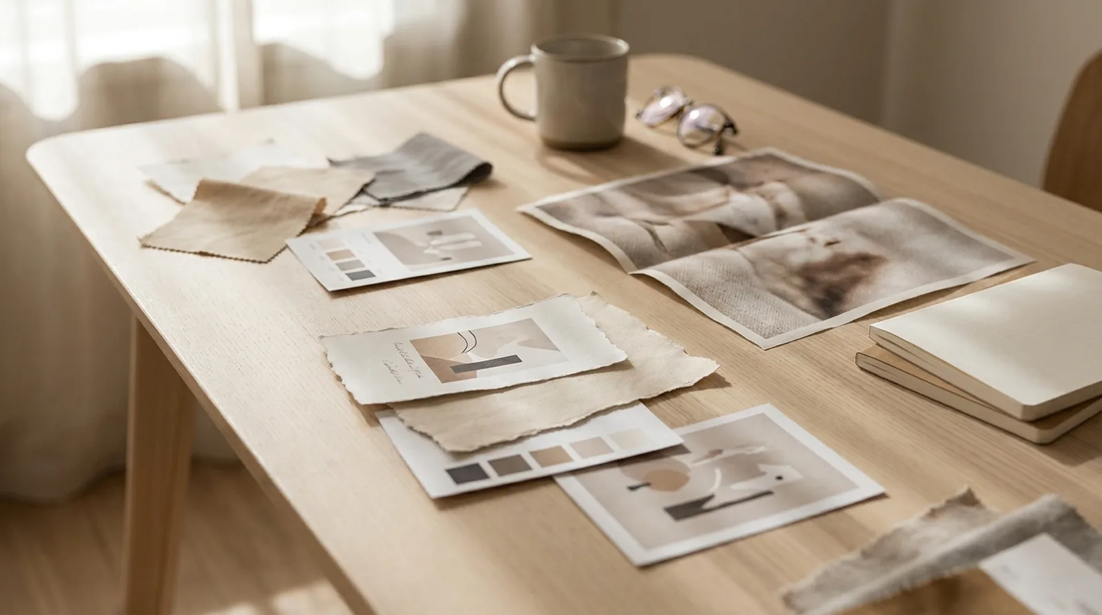 Marketing mood board fragments and a printed sheet on a bright wooden table