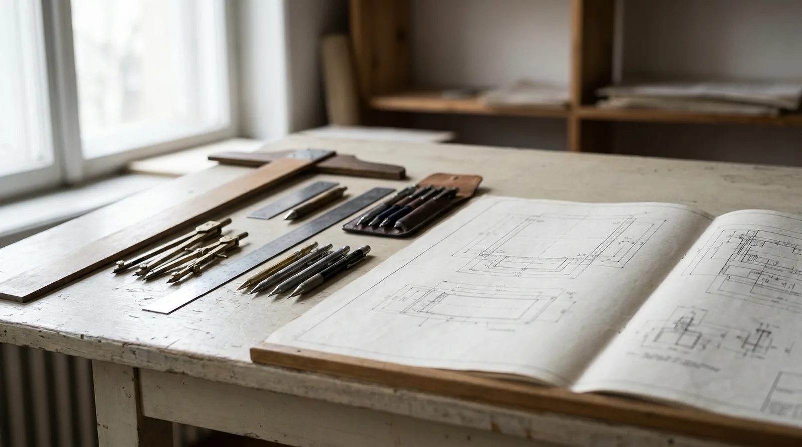 An engineer's technical drawing tools beside a printed document on a desk