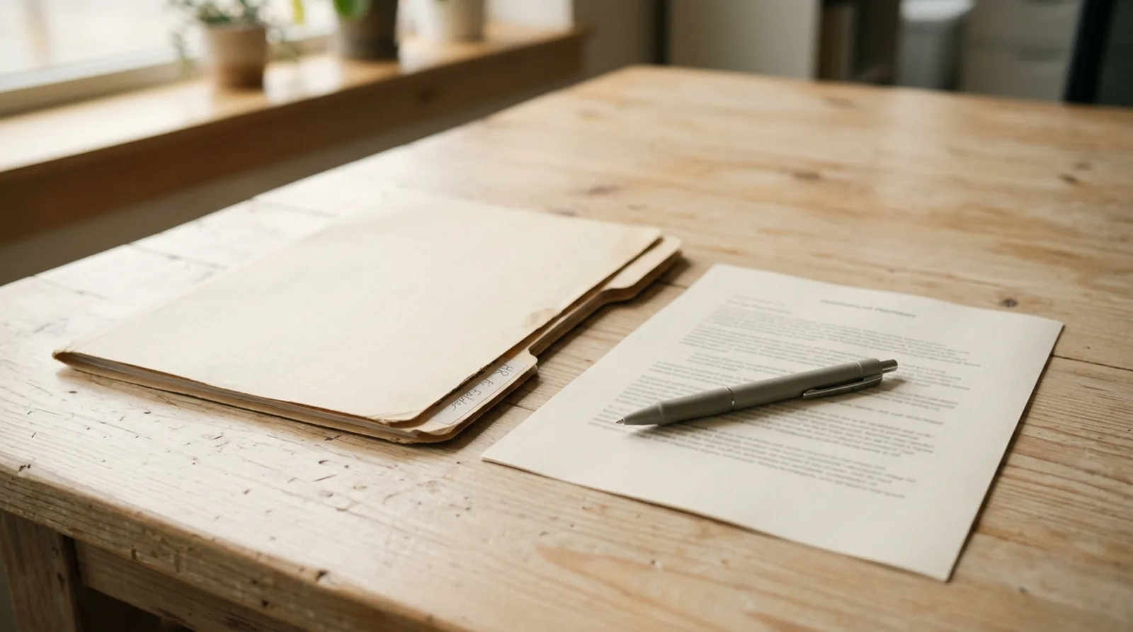 An HR folder, a printed page and a pen arranged on a pale wooden surface