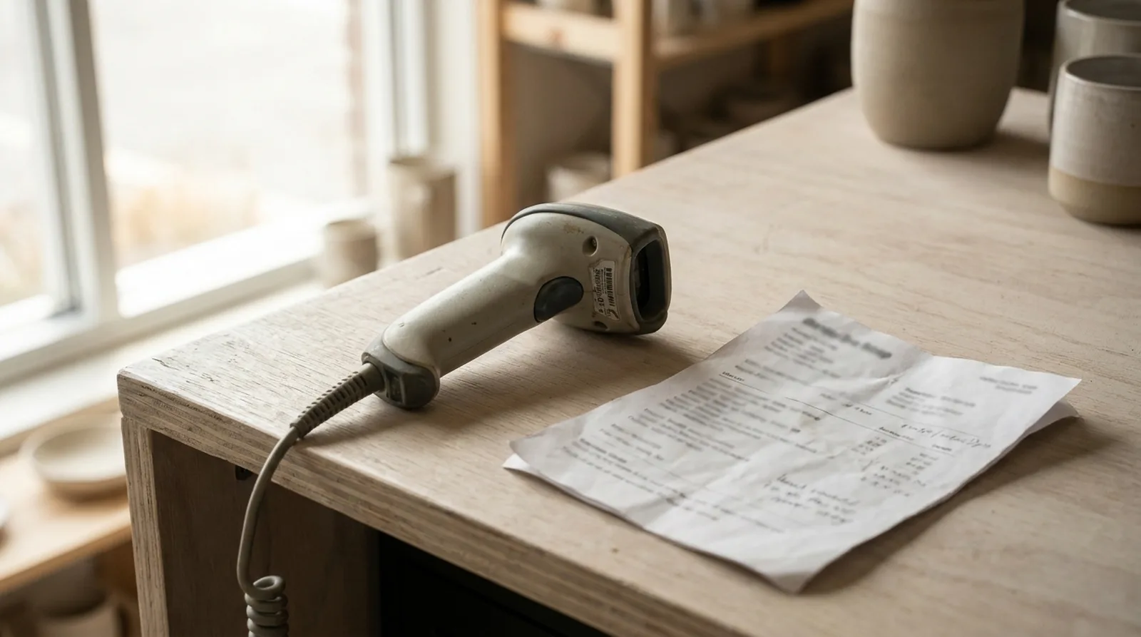 A retail price scanner resting beside a printed document on a counter