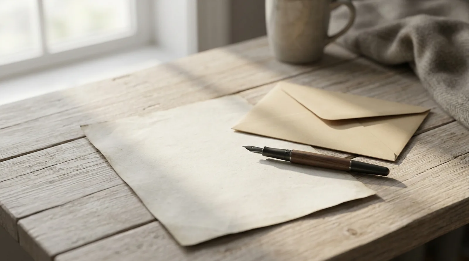 A sheet of letter paper, a closed fountain pen and a plain envelope on pale wood