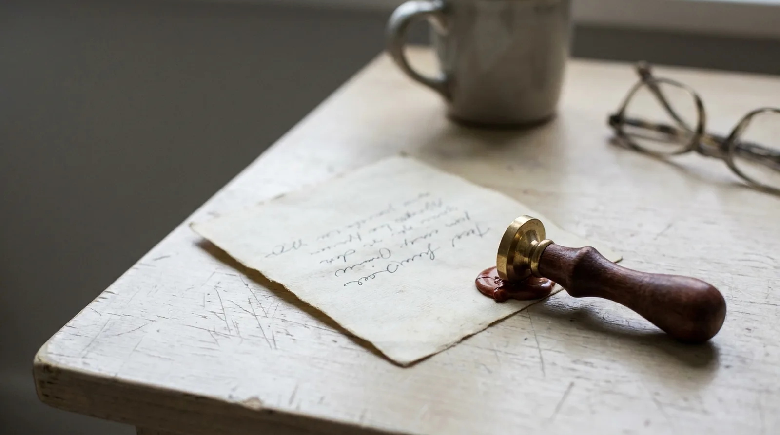 A handwritten-looking letter face down on a desk beside a wax seal stamp