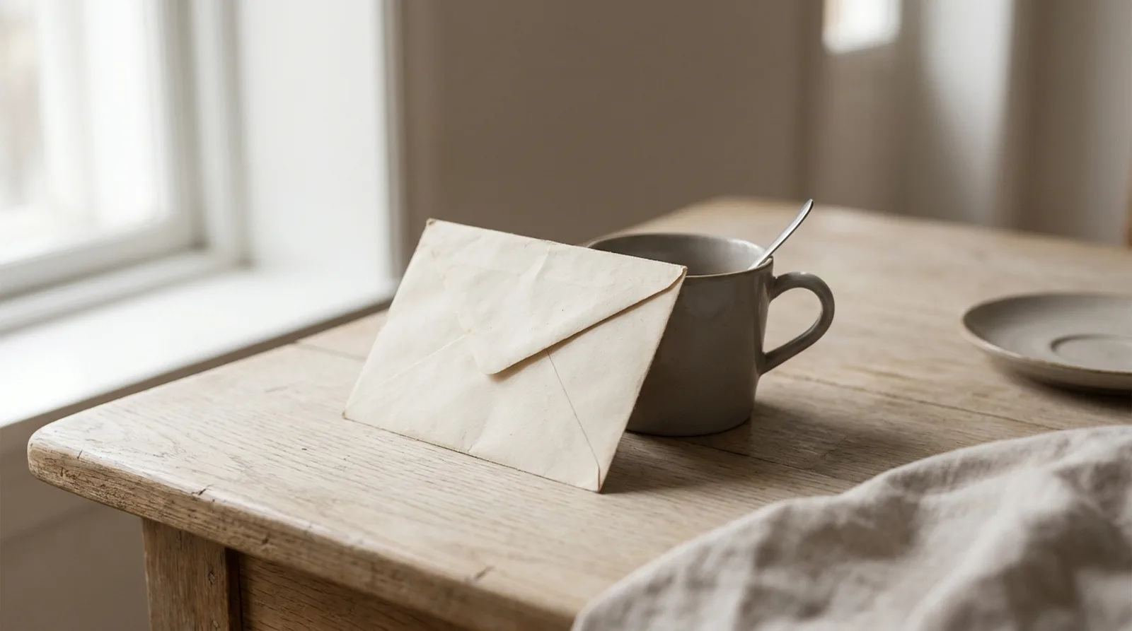 Enveloppe appuyée contre une tasse de café sur une table en bois clair