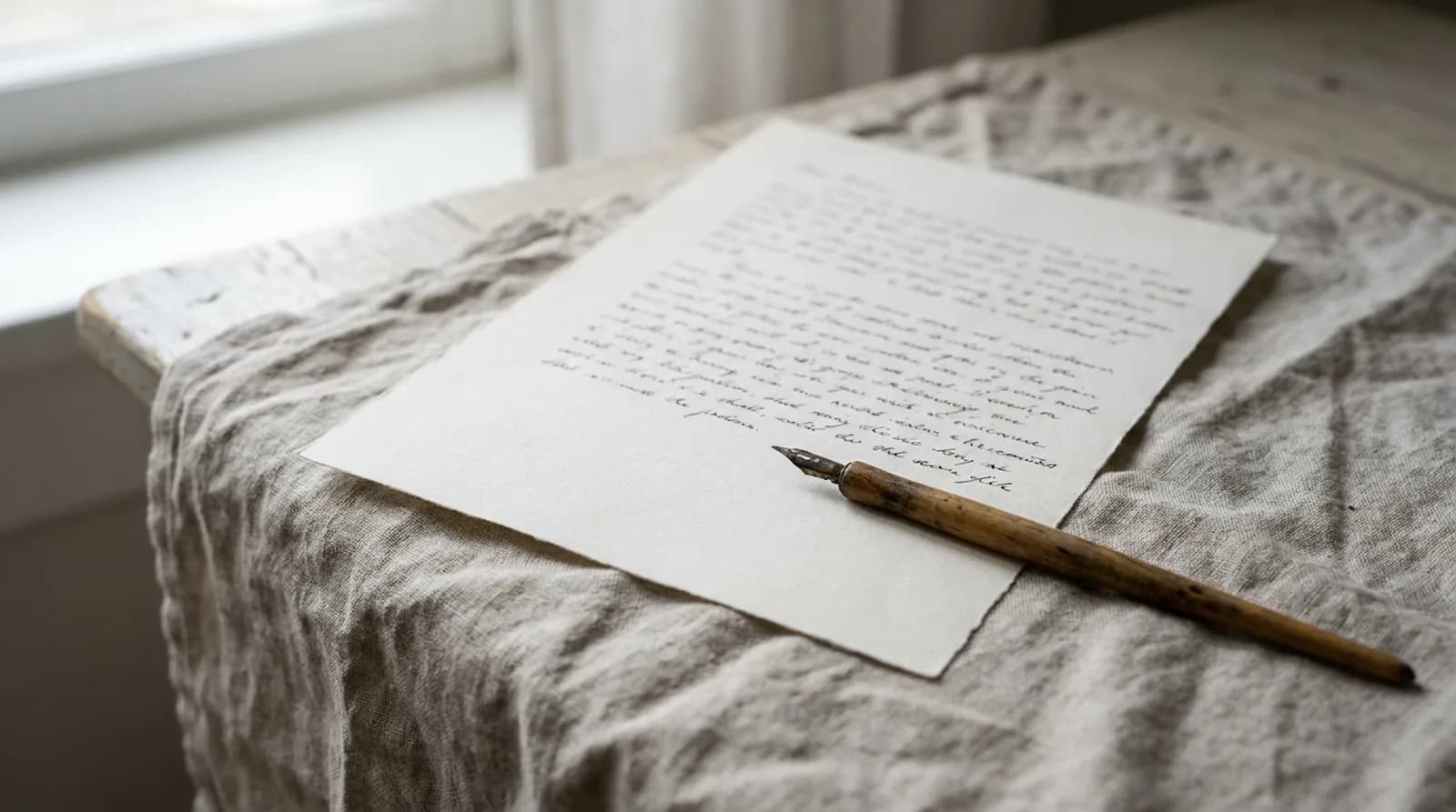 A single letter page on a linen surface with a pen laid across the corner