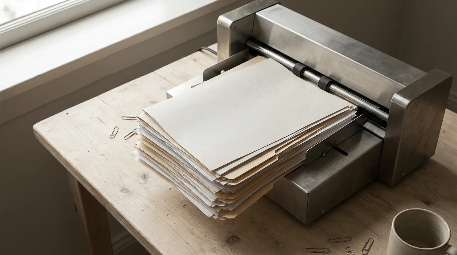 Pile de documents passant dans un mécanisme en acier brossé sur un bureau