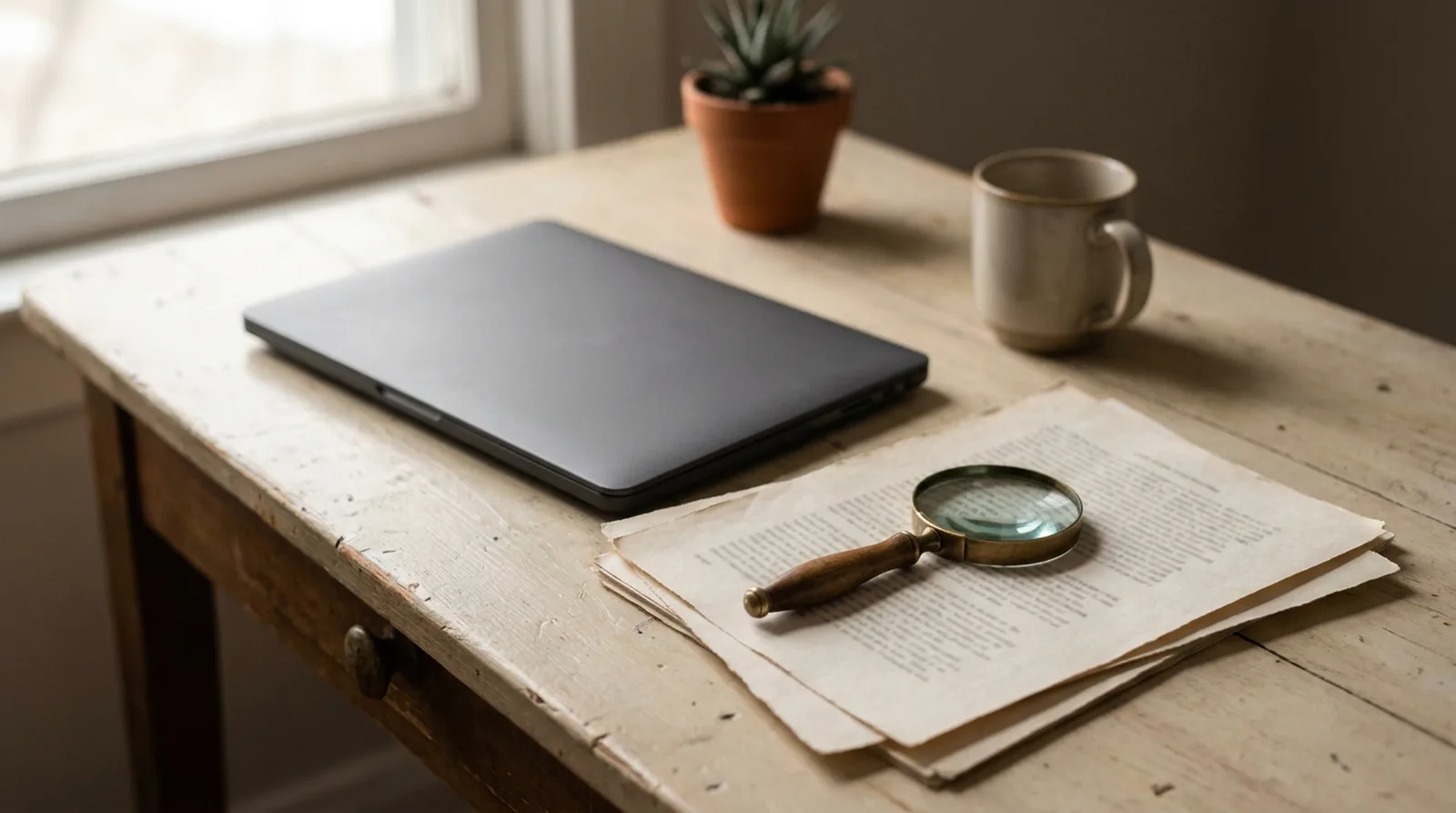 A closed laptop beside a printed document and a magnifying glass