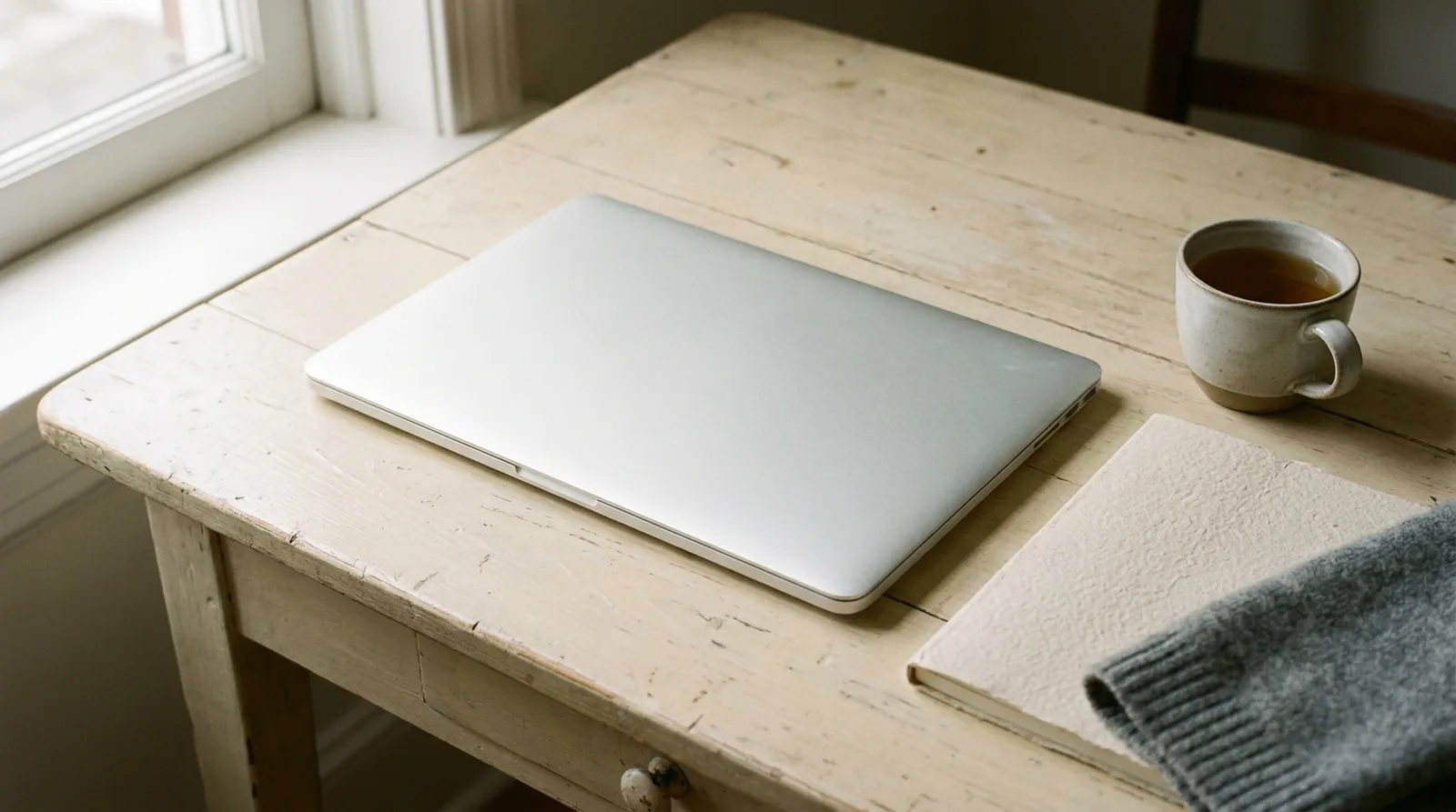 A closed laptop on a wooden desk beside a notebook and a cup of tea