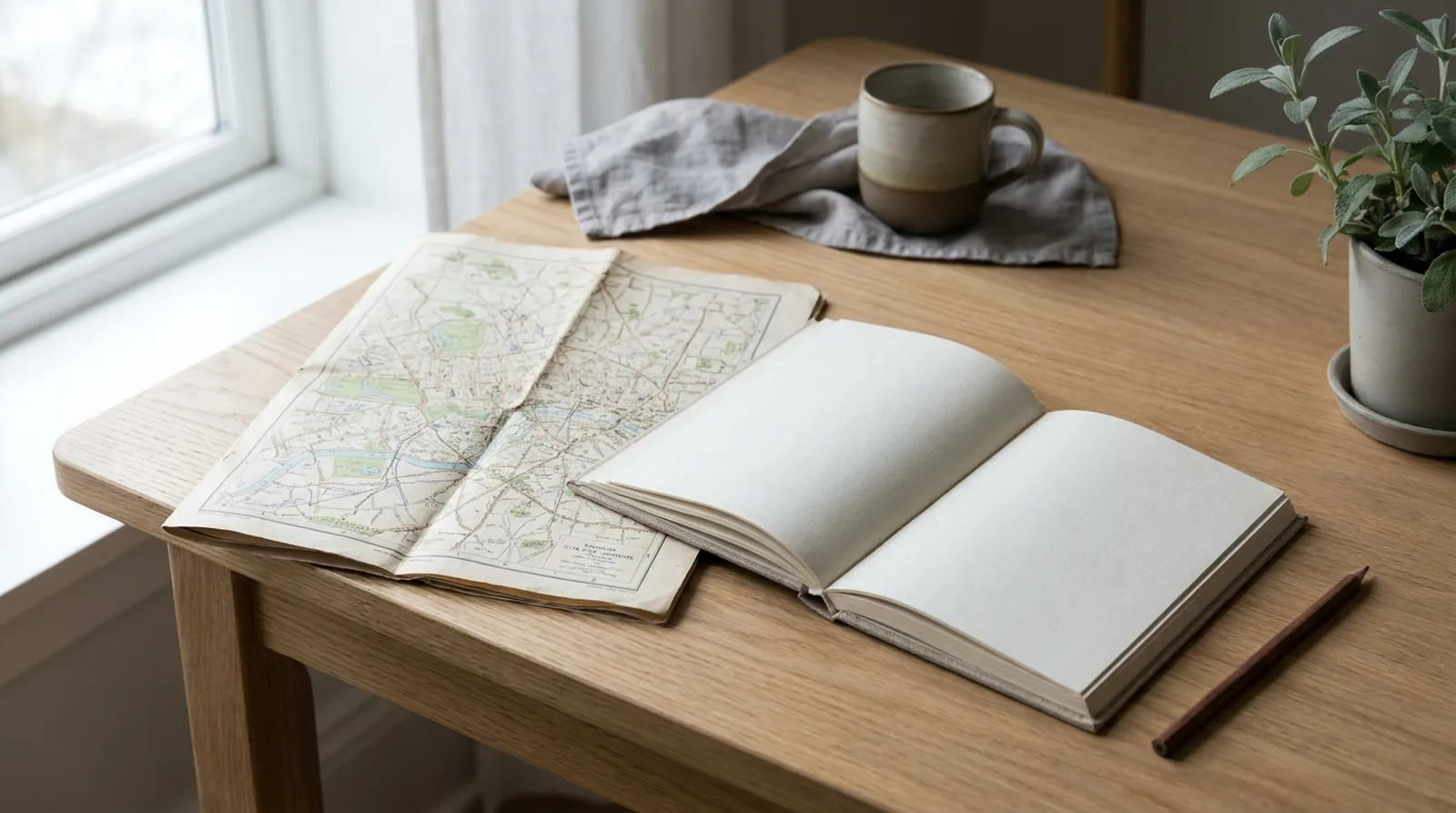 A city map folded on a table next to a notebook and a pen