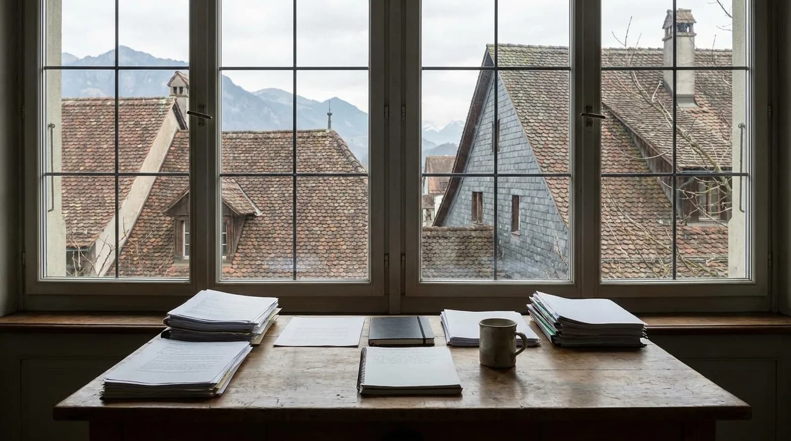 Vue sur des toits suisses depuis un bureau à domicile, documents au premier plan