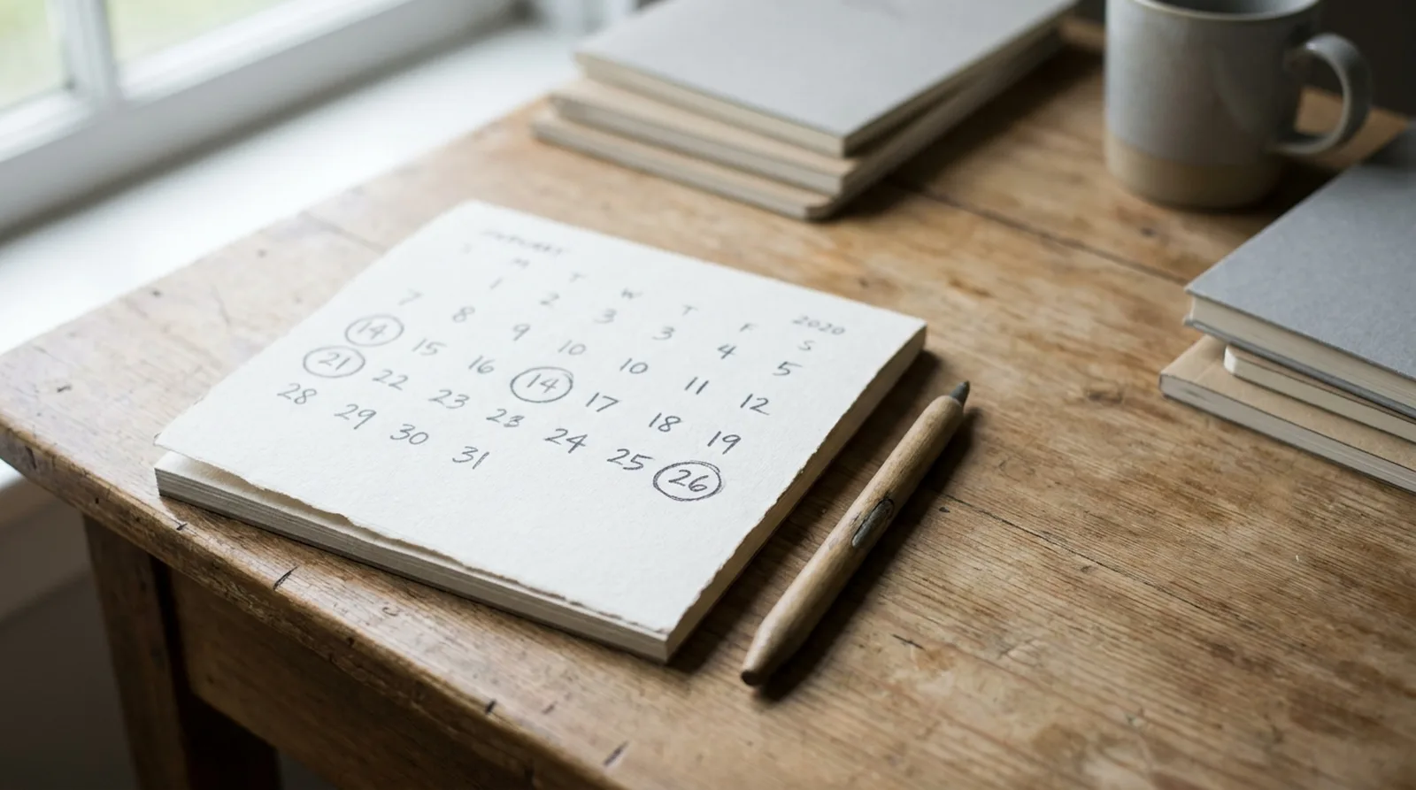 A calendar page on a desk with a few dates circled, beside a pen