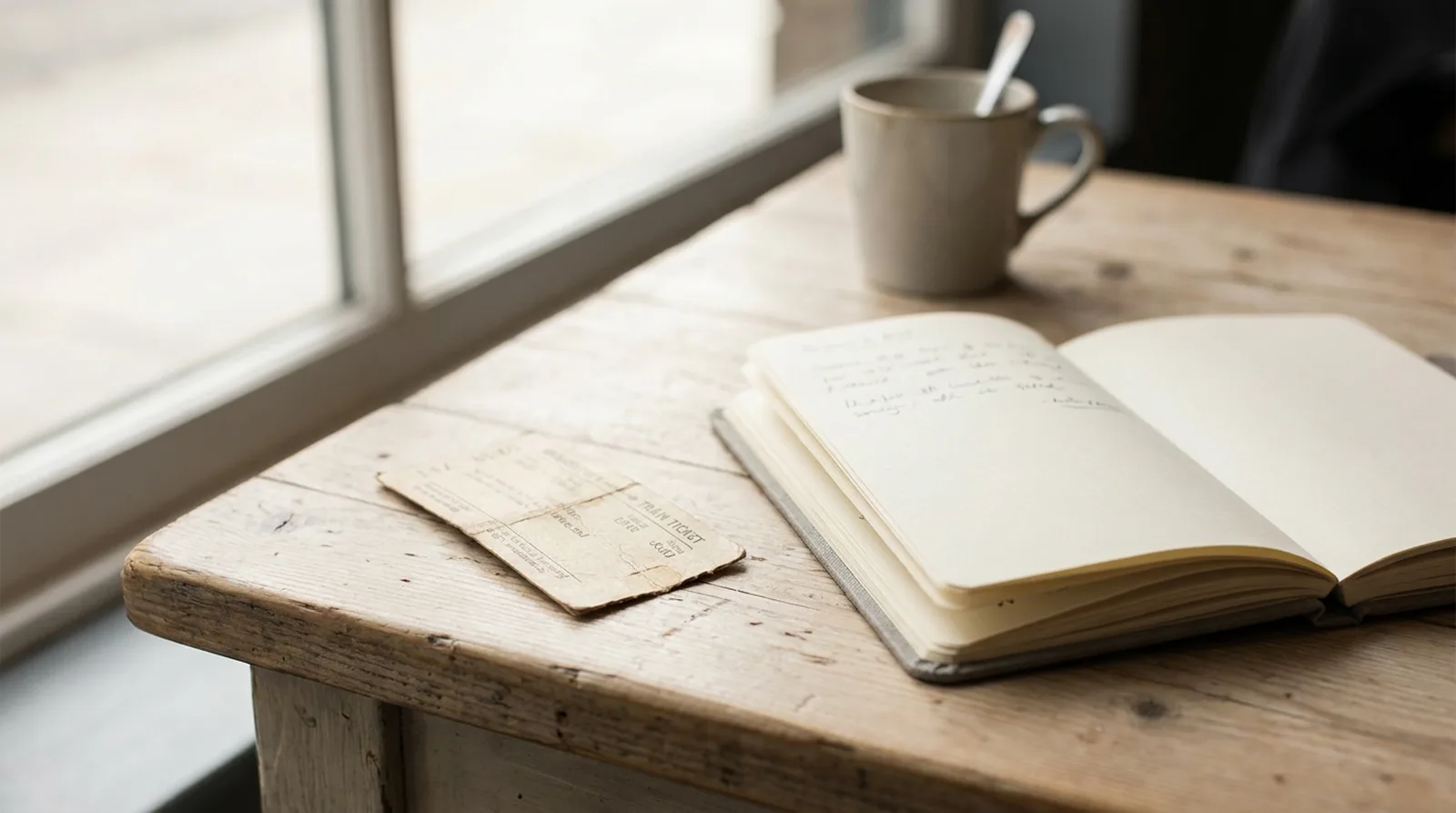 A train ticket and a notebook on a café table, morning light