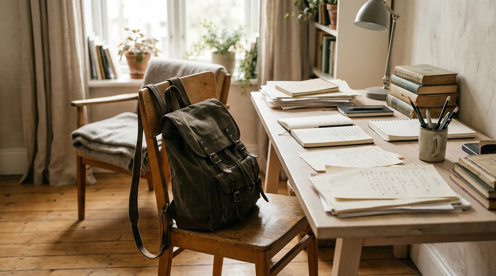 Sac à dos appuyé contre une chaise, près d'un bureau couvert de documents