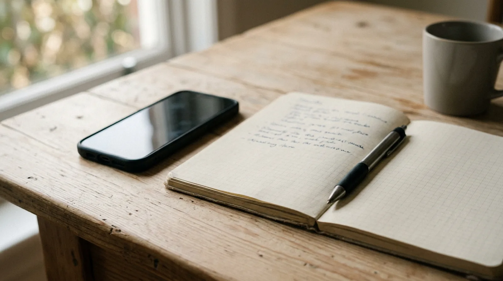 Téléphone retourné à côté d'un bloc-notes et d'un stylo sur une table en bois clair