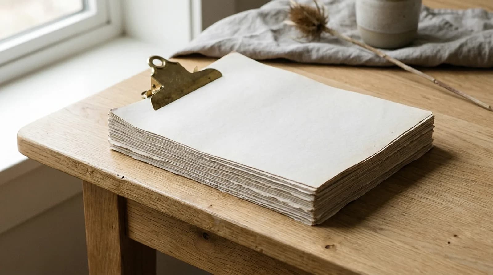 Pile de pages imprimées retenues par une pince en laiton sur un bureau en bois clair
