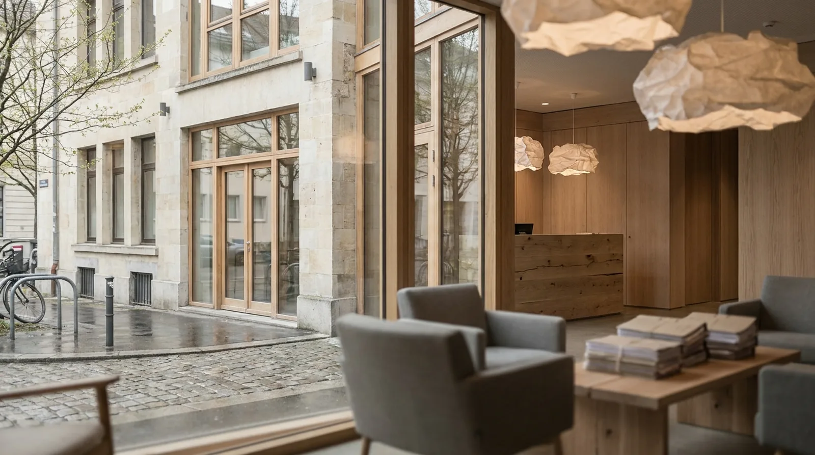 Entrée d'immeuble de bureaux vue depuis le trottoir d'en face, lumière douce