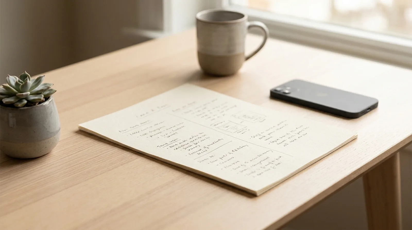 A document on a desk beside a small potted plant and a smartphone face down