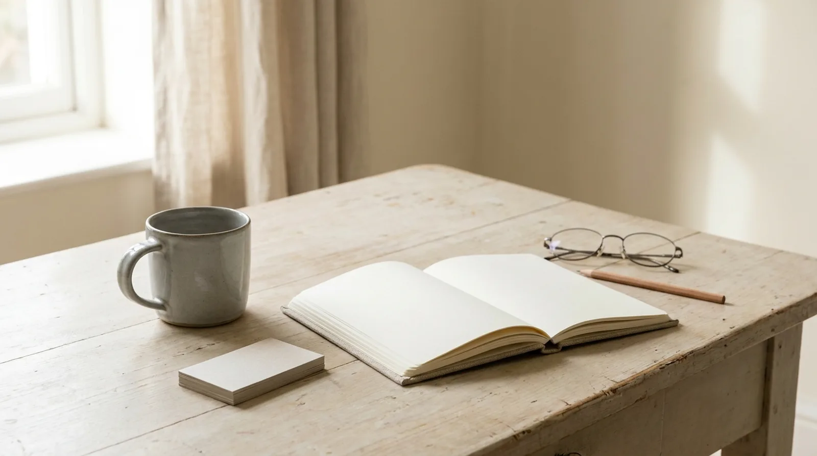 A desk with a mug, notebook and a small stack of business cards