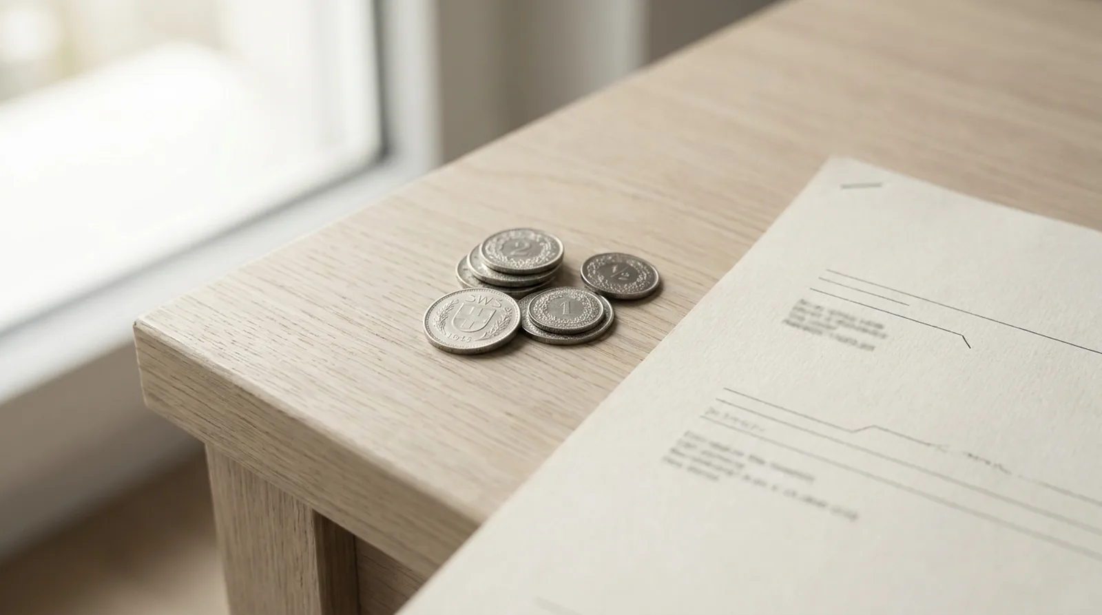 Swiss franc coins stacked beside a printed document on a pale desk