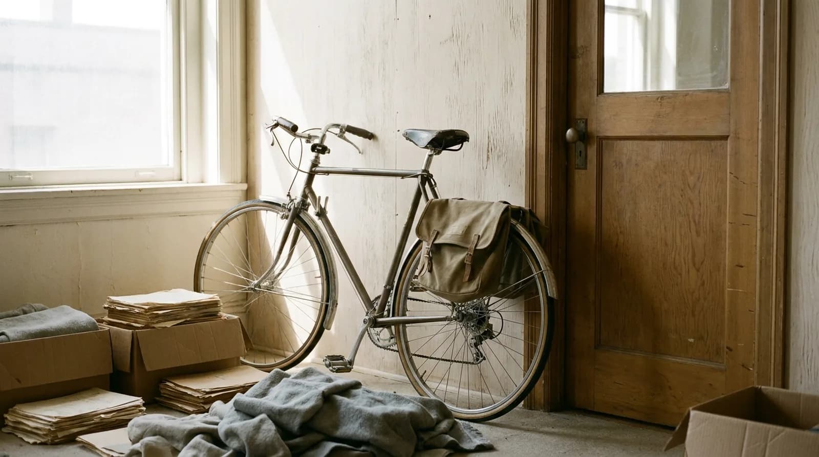 Vélo appuyé contre un mur près d'une porte de bureau, lumière du matin