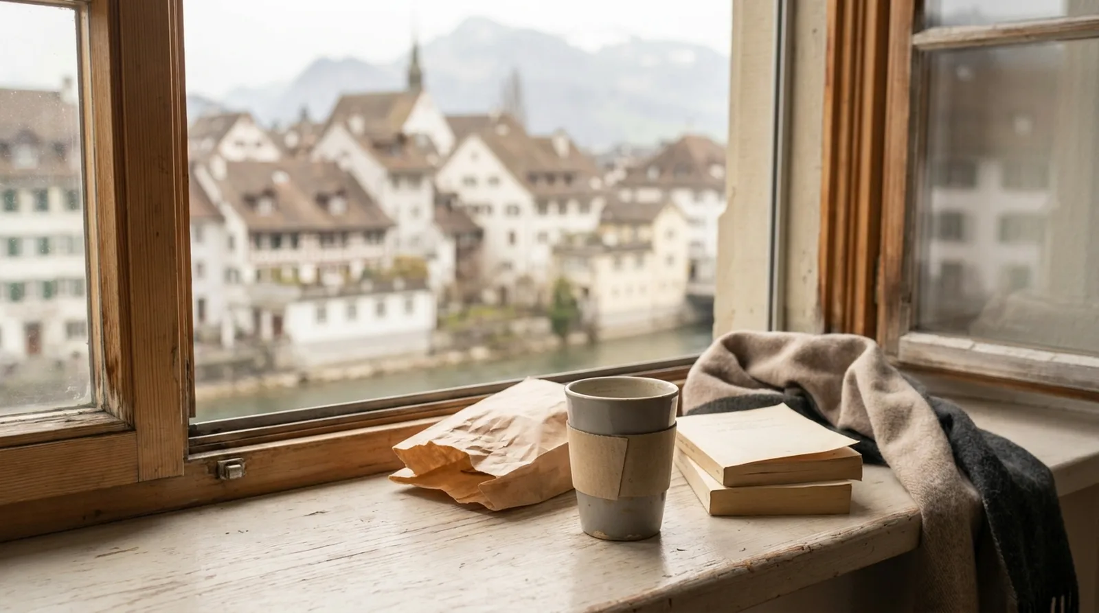 A commuter's coffee cup on a windowsill overlooking a Swiss town