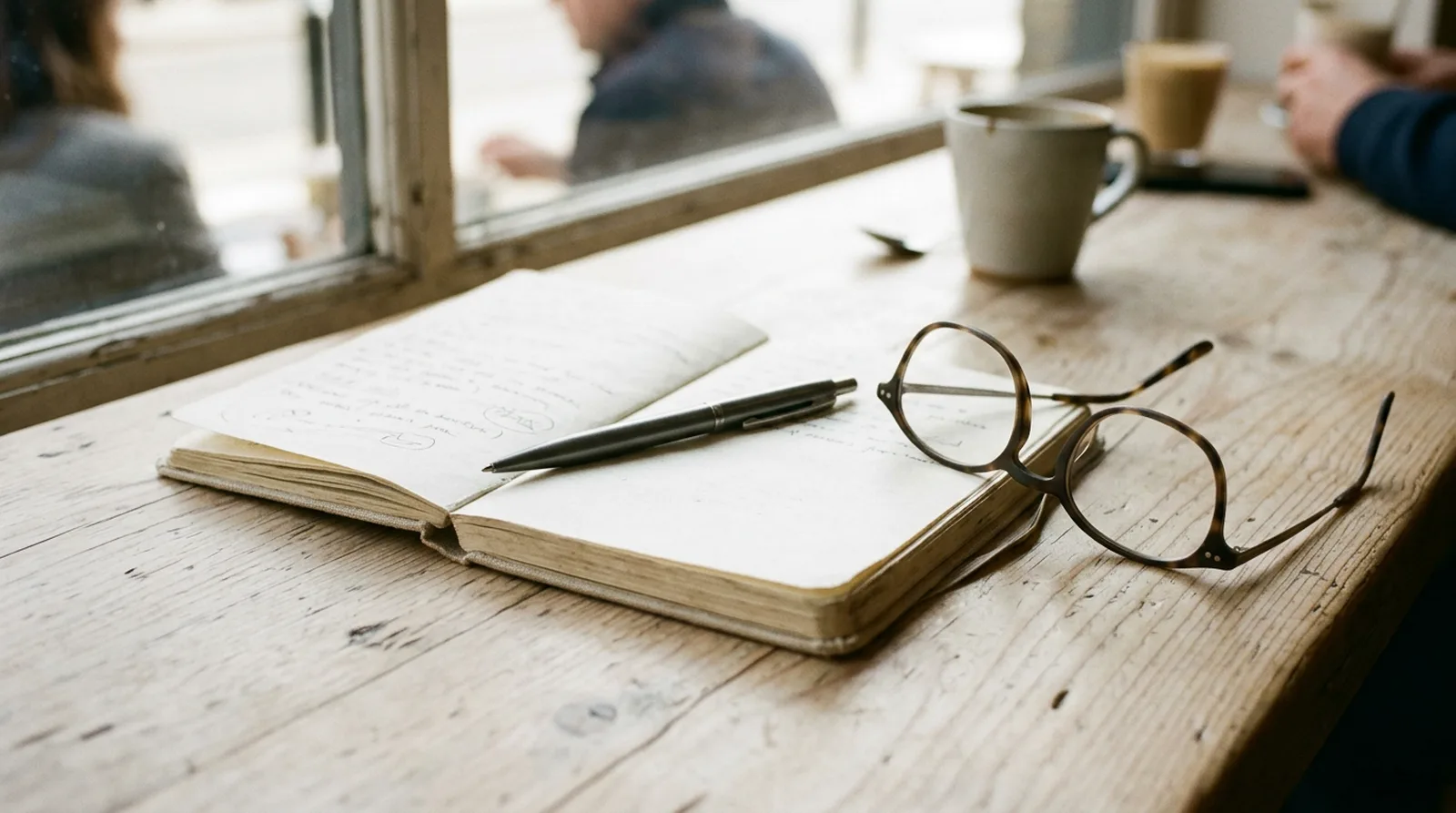 Carnet avec un stylo et une paire de lunettes sur une table de café