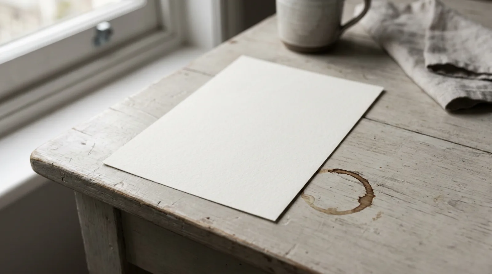 An A4 sheet on a wooden table lit by a window, with a coffee ring stain nearby