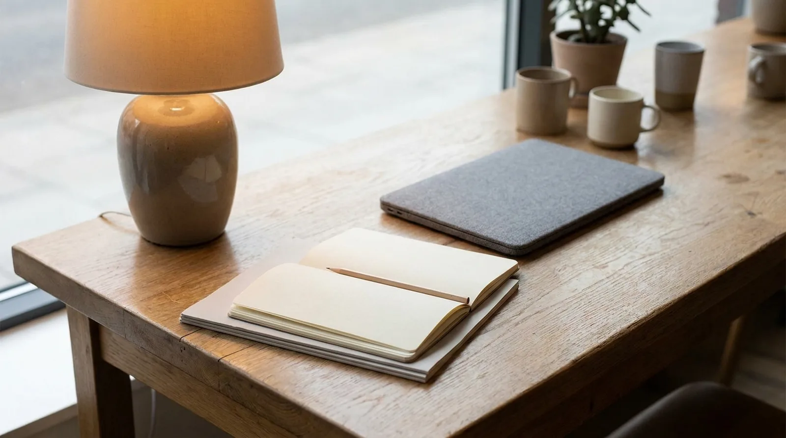 Bureau d'espace de coworking calme : lampe, carnet et ordinateur fermé