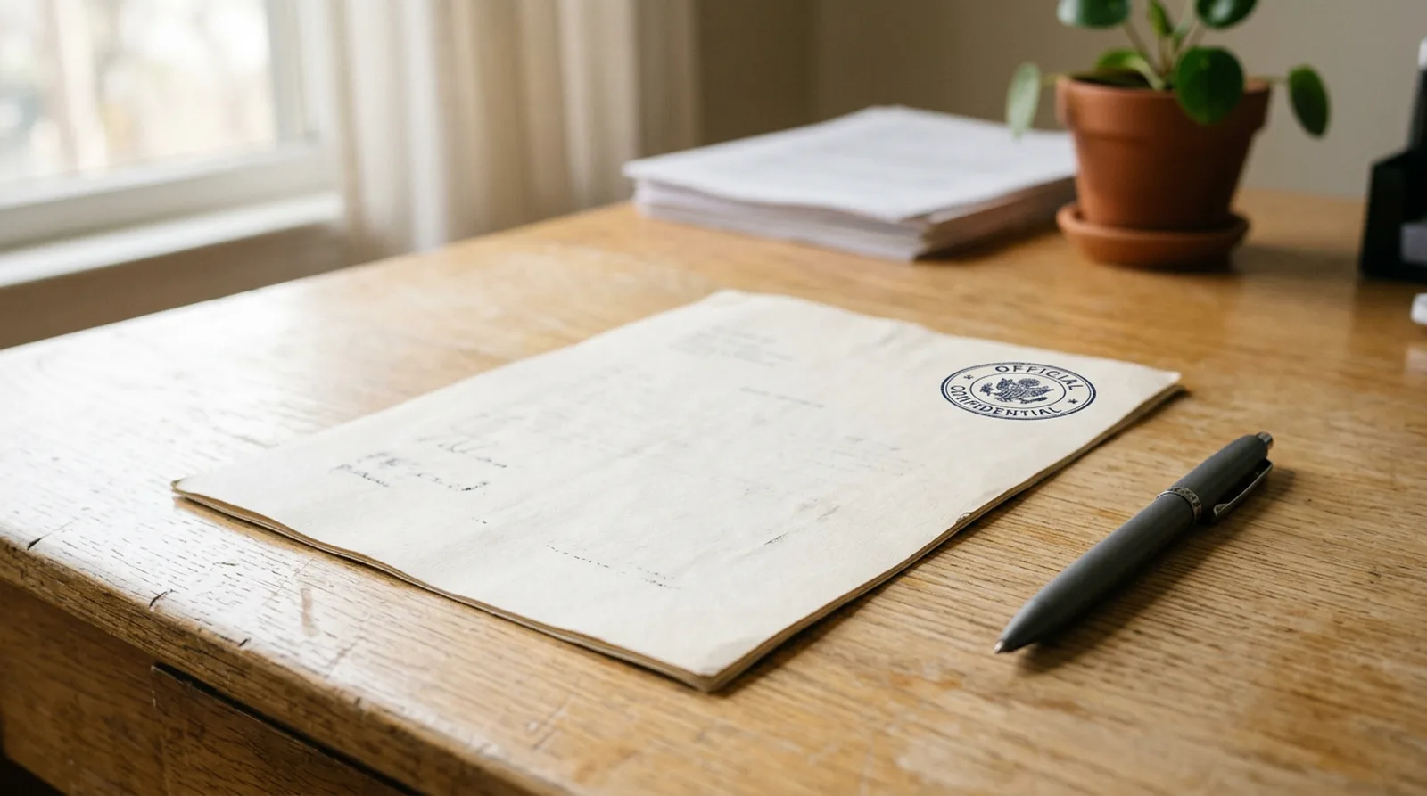 Document officiel tamponné, retourné sur un bureau à côté d'un stylo
