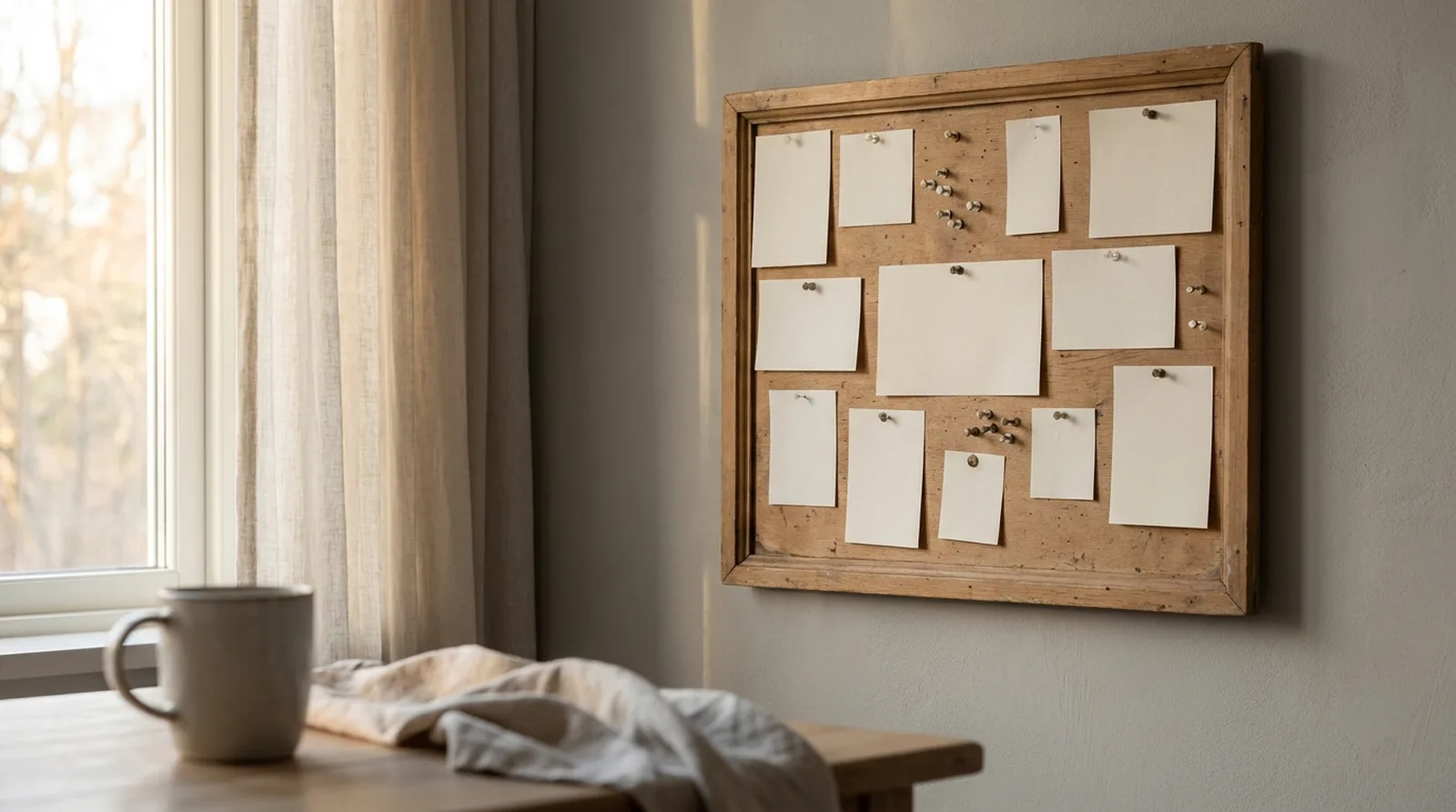 A pinboard with blank cards and pins, soft indoor light