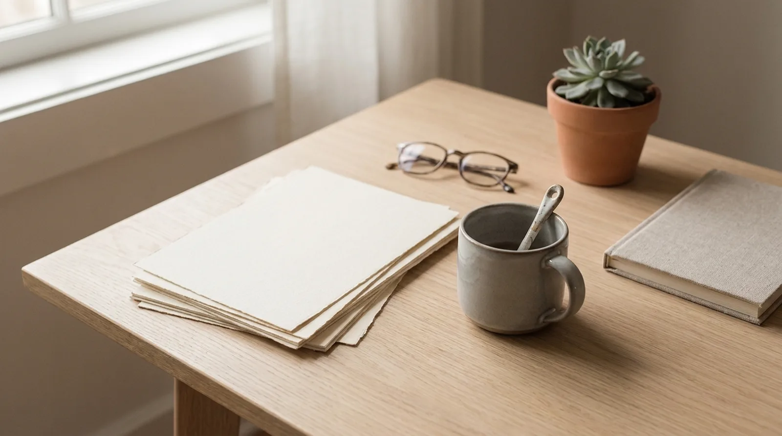 Bureau à domicile ordonné vu du dessus, avec des documents et une tasse