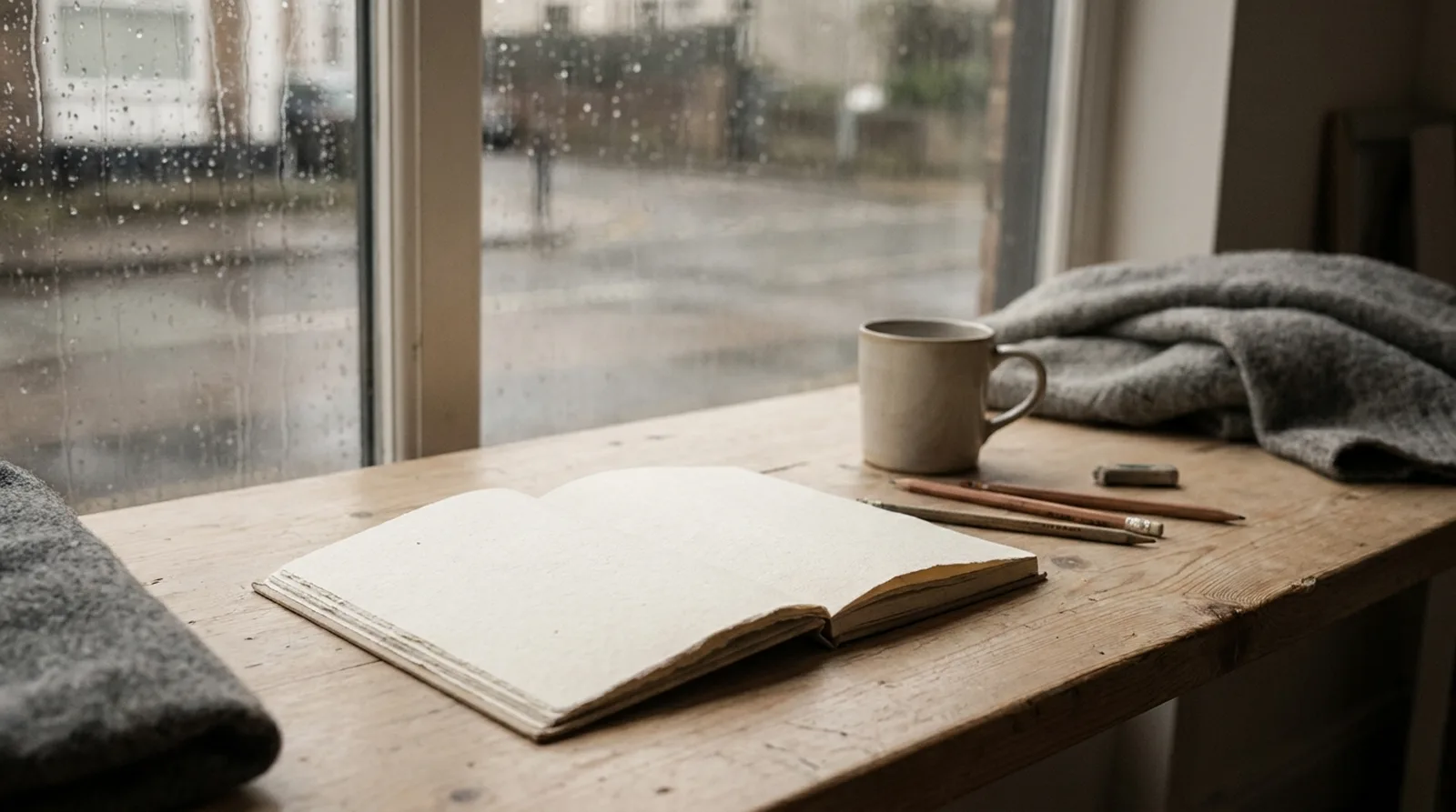 Fenêtre couverte de gouttes de pluie, bureau et carnet au premier plan