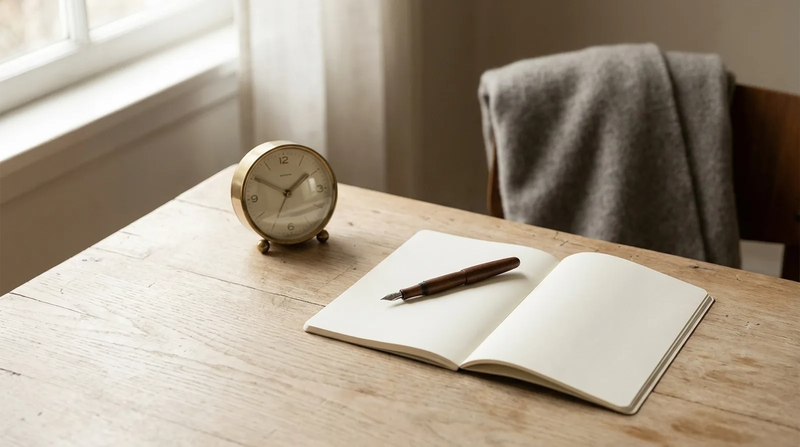 Bureau en bois avec une petite horloge, un carnet et un stylo plume