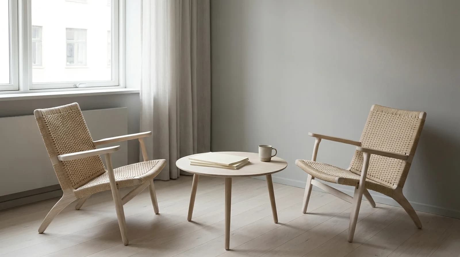 Two empty chairs facing each other across a small table in a bright meeting room